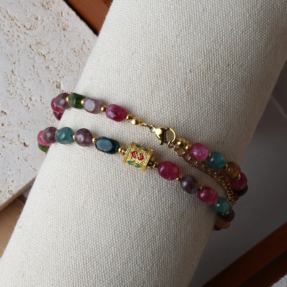 Bohemian Natural Tourmaline Beaded Necklace – Handmade with Stainless Steel Tibetan Pendant, Party Jewelry Gift