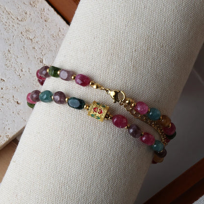 Bohemian Natural Tourmaline Beaded Necklace – Handmade with Stainless Steel Tibetan Pendant, Party Jewelry Gift