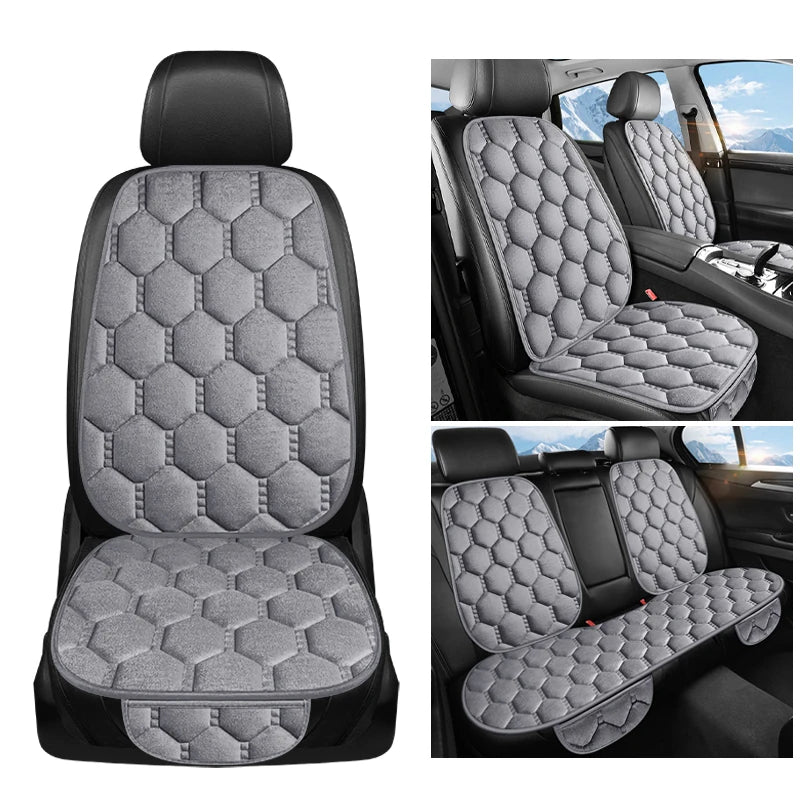 Winter Plush Car Seat Cushion Set - Warm Anti-Slip Grid Seat and Backrest Covers, 3-Piece Set for Cold Weather Comfort