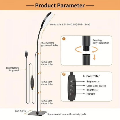 LED Floor Reading Lamp - Dimmable Gooseneck Task Light for Table or Floor Use