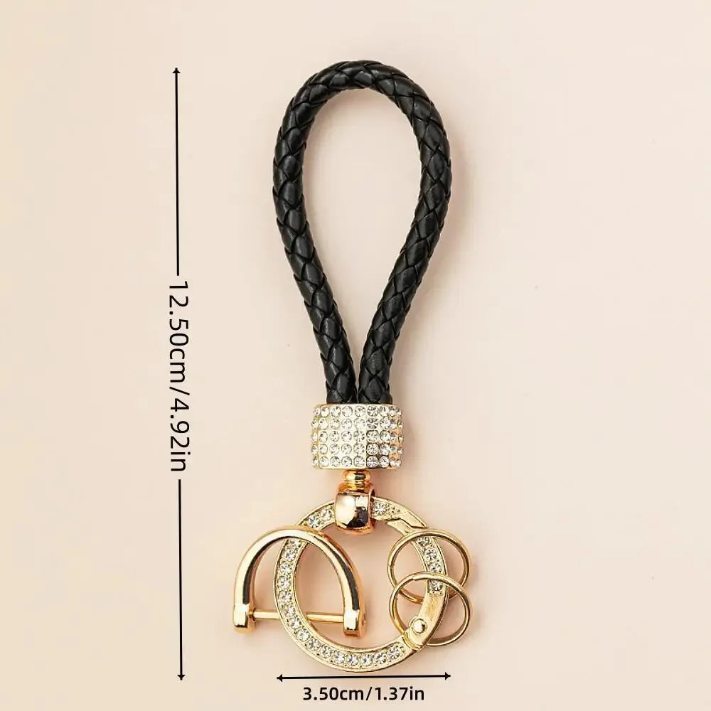 Handcrafted Braided Rope Keychain – Sparkling Rhinestone Car Key Ring, Stylish Monochrome Fashion Accessory