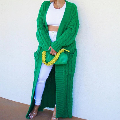 Knit Cardigan for Women – Long Green Crochet Jacket, Loose Long Sleeve Autumn/Spring Winter Sweater, 2023 Warm Jumper Coat