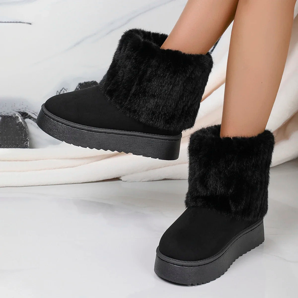 Women’s Winter Mid-Calf Boots – Round Toe Plush Lined, Thick Sole, Anti-Slip Casual Snow Boots in Beige