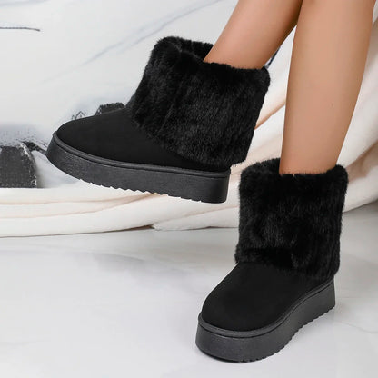 Women’s Winter Mid-Calf Boots – Round Toe Plush Lined, Thick Sole, Anti-Slip Casual Snow Boots in Beige