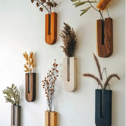 Wooden Hanging Planter Terrarium - Bohemian Wall Plant Vase with Wood Stand for Indoor Plant Propagation & Decor