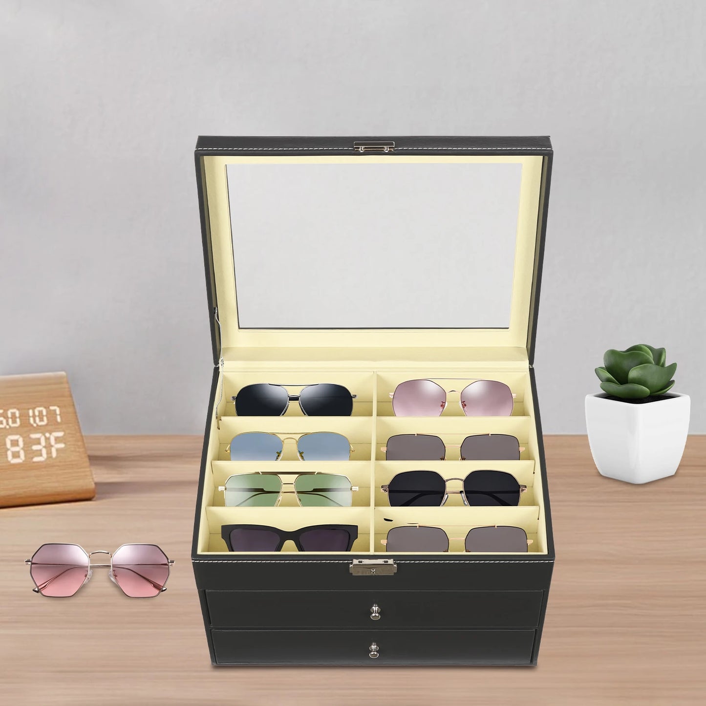 3-Layer Leather Glasses Organizer with Drawer – 24 Slot Sunglasses Display & Storage Case Rust-Resistant