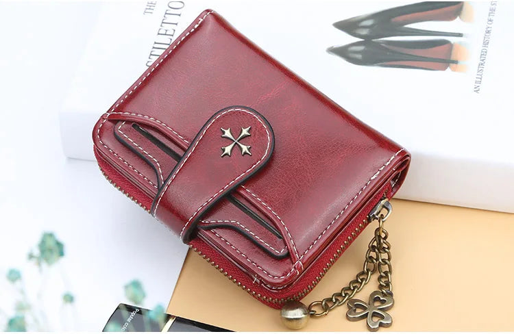 Women’s PU Leather Wallet — Short Hasp Coin & Card Holder, Small Money Bag Clutch in Blue & Red