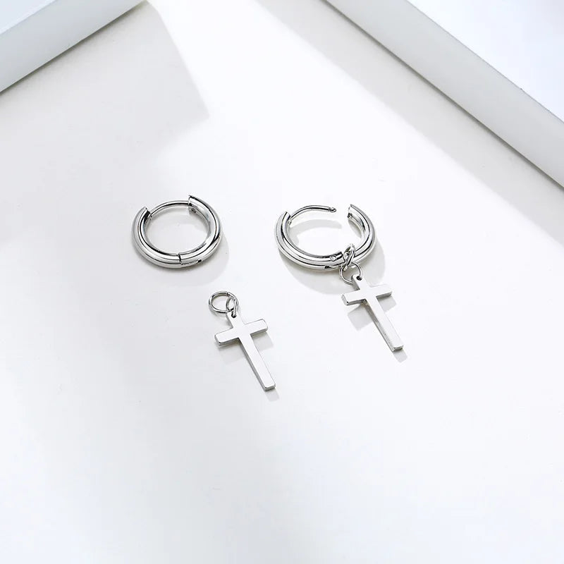 Stainless Steel Cross Charm Earrings - Men's Fashion Jewelry