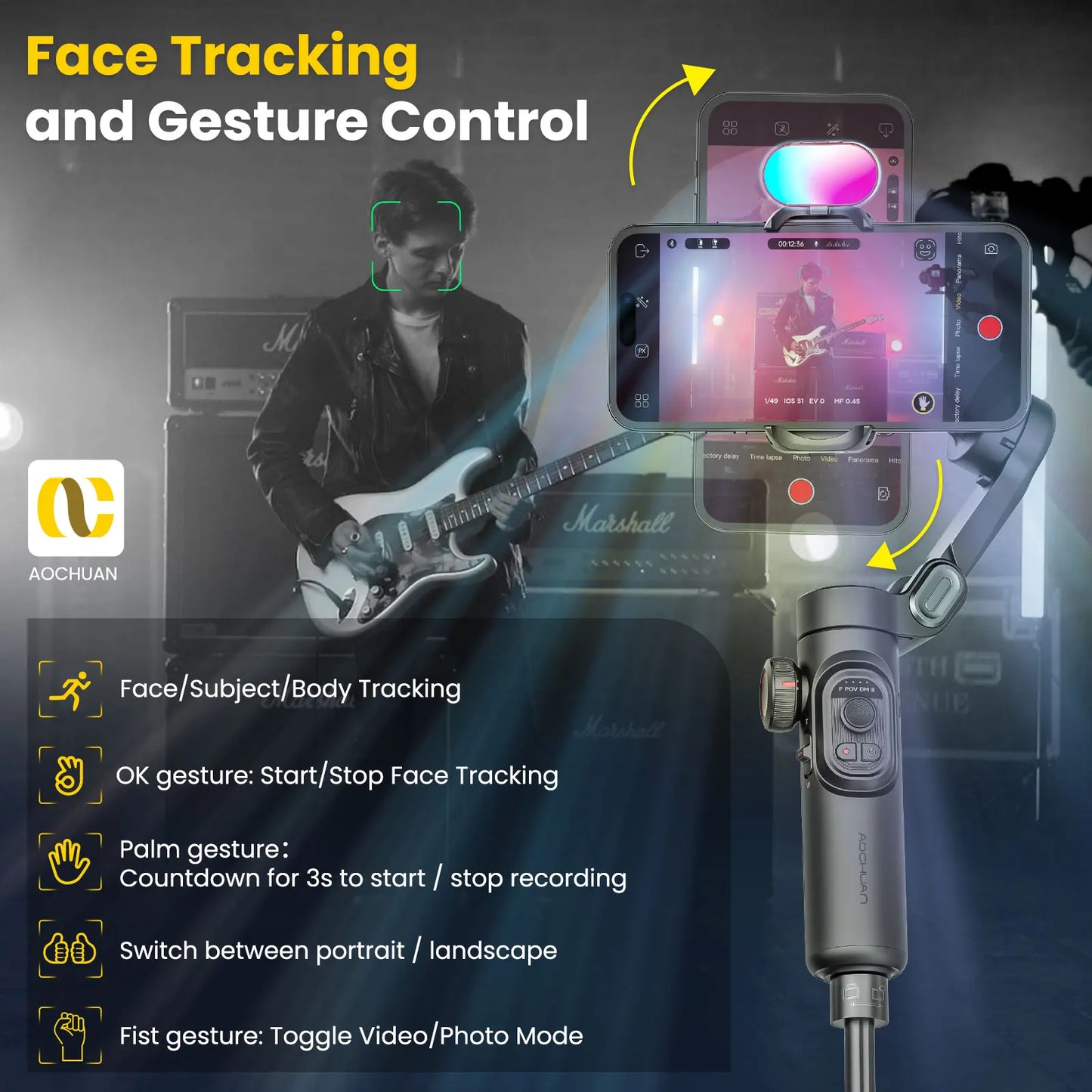 AOCHUAN Smart XE Combo1 3-Axis Handheld Gimbal Stabilizer – iPhone & Android Smartphone with Extension Rod