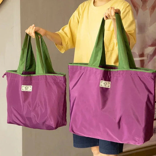 Large Reusable Shopping Bag - Portable Waterproof Oxford Fabric with Drawstring, Foldable Organizer Storage Shopper Handbag