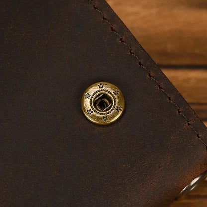 Men’s Genuine Leather Short Wallet with Chain – Trifold Zipper Clutch, Card Holder & Coin Purse