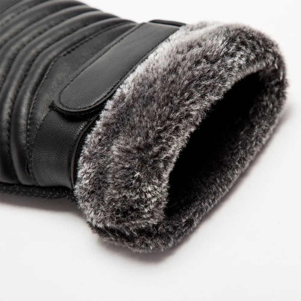 Men's Winter Fur Lined Gloves - Warm Insulated PU Touch Screen Gloves for Cycling, Motorcycle and Outdoor Use