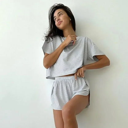 Women's Stripe 2-Piece Pajamas Set – Short Sleeve Top & Shorts Casual Sleepwear