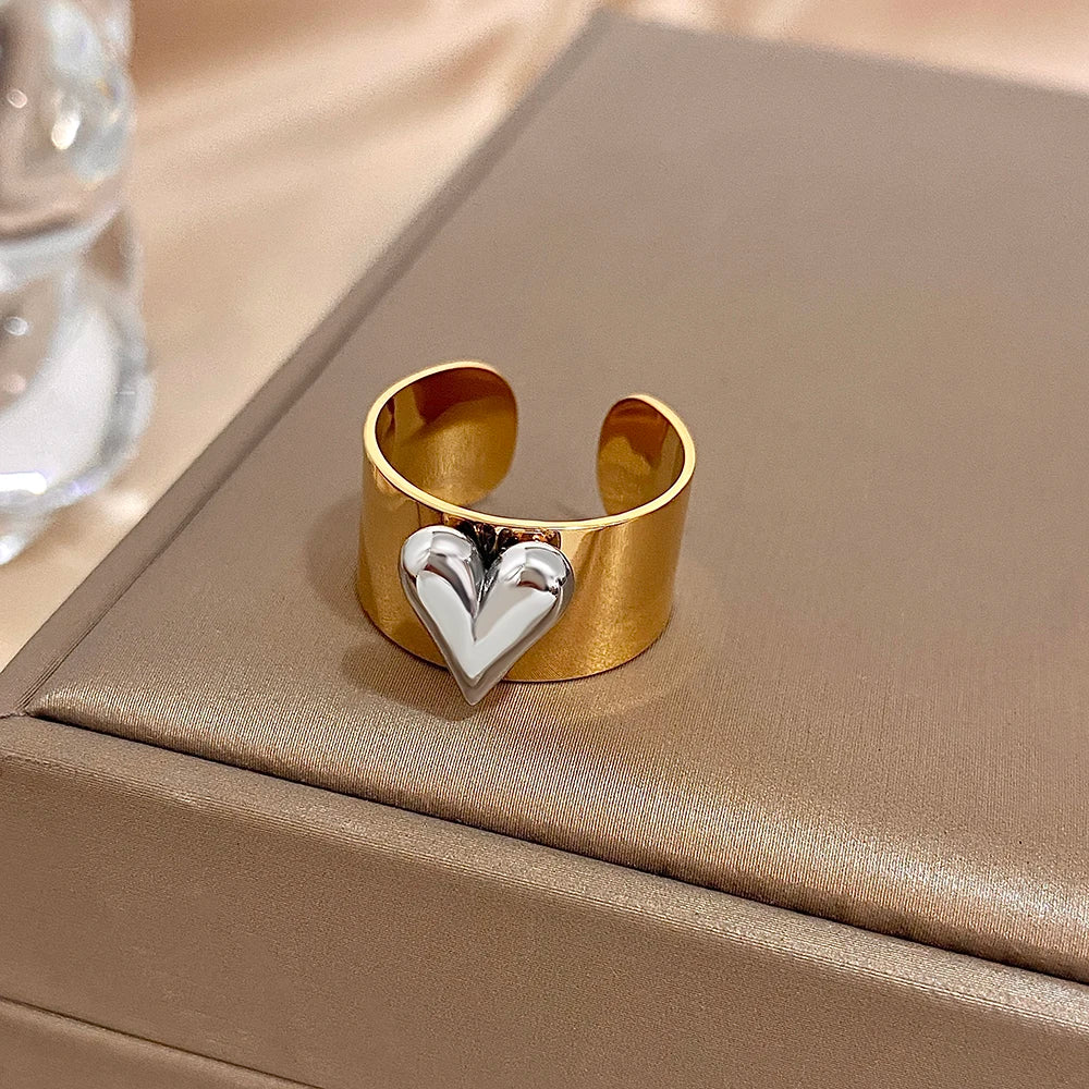 Greatera Stainless Steel Heart Cuff Ring – Wide Thick Statement Jewelry for Women & Men, European American Style