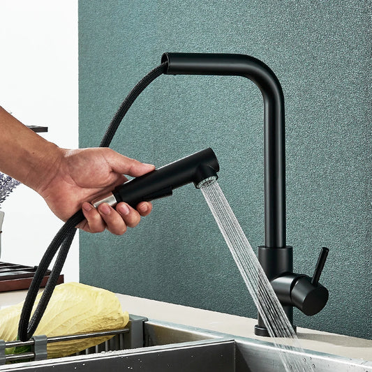 Black Flexible Pull-Out Kitchen Faucet - Stainless Steel 2-Mode Nozzle, 360° Rotating Hot & Cold Water Sink Mixer Tap