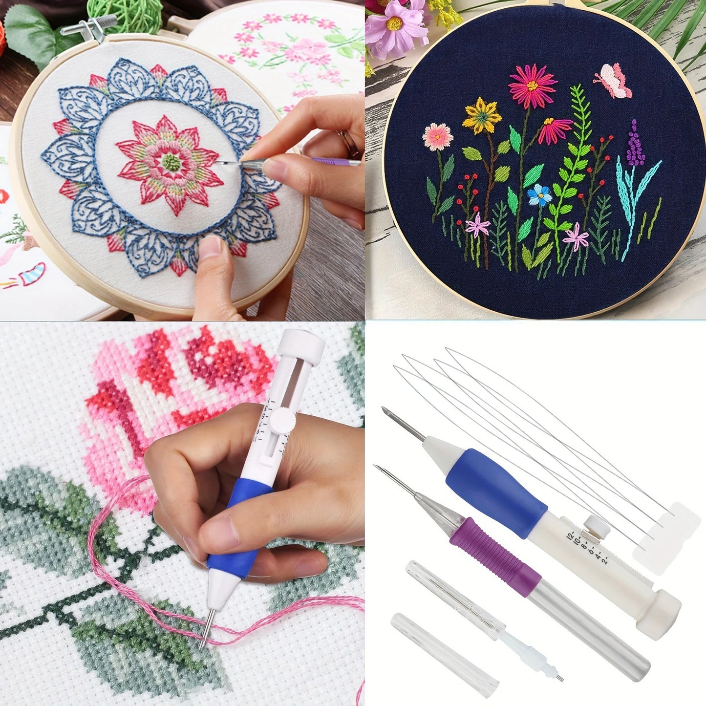 Embroidery Punch Needle Kit – Magic Needle Pen Weaving Tool Set for DIY Sewing, Stitching & Knitting Crafts