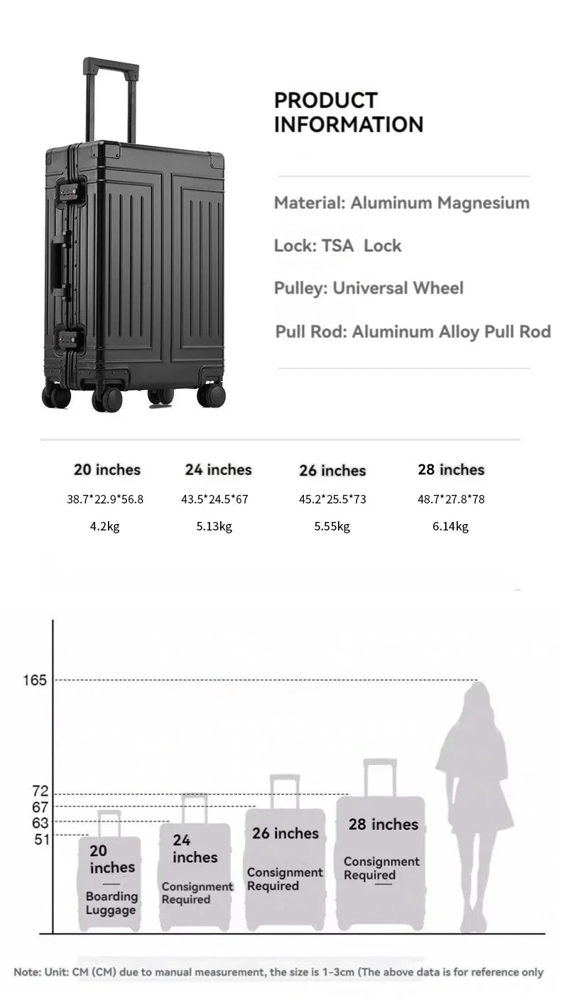2024 Aluminum Luggage Set with Wheels – Durable Carry-On & Checked Suitcases for Men, Women, and Girls (20/24/26/28 Inch)