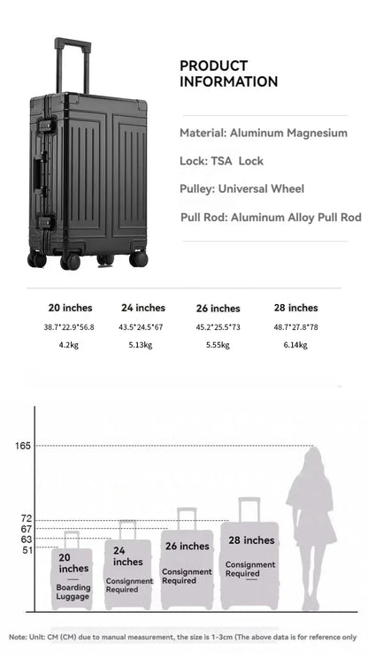 2024 Aluminum Luggage Set with Wheels – Durable Carry-On & Checked Suitcases for Men, Women, and Girls (20/24/26/28 Inch)