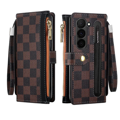 Leather Card Wallet Case with S Pen Slot for Samsung Galaxy Z Fold 6/5/4/3/2 — Multifunctional Zipper Protection Cover