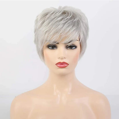 HAIRJOY Short Grey Wigs for Women – Mixed Gray & Silver Curly Wig with Bangs, Synthetic Short Hair Wig for Grandma