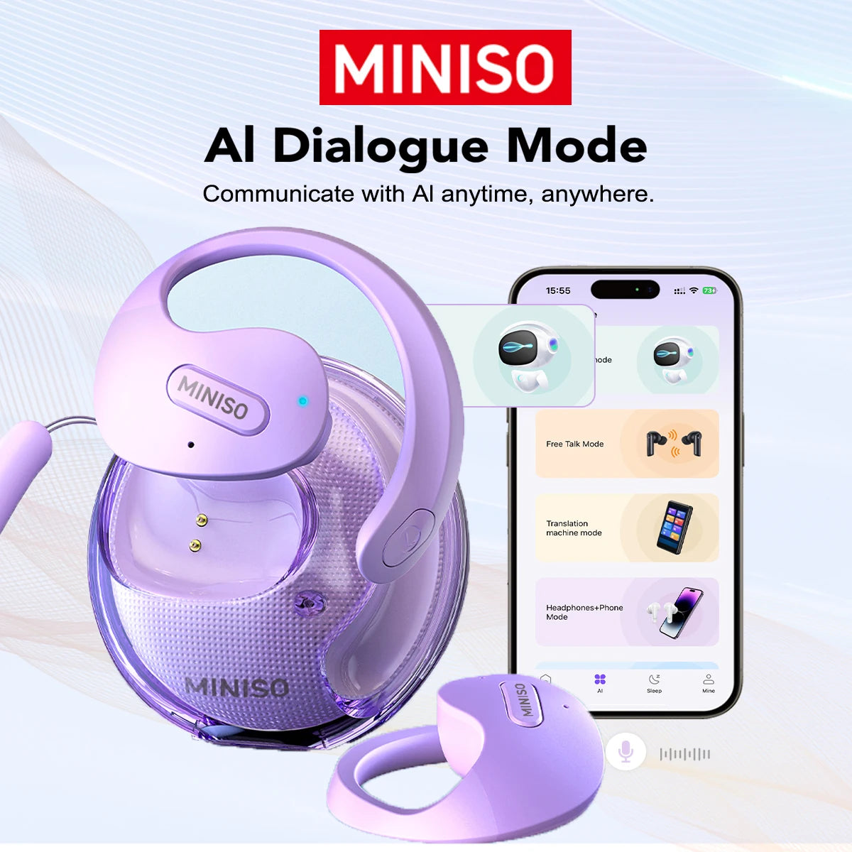 MINISO X15Pro Translator Bluetooth Earphones — Wireless Headset for Travel & Office, 5.4 AI Translation, ASMR App Compatible