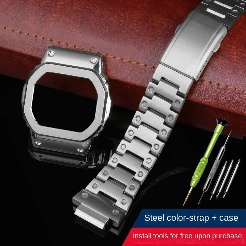 Stainless Steel Metal Case & Strap for Casio G-SHOCK DW5600, GW-M5610, 5000 & GW-B5600 – Gold & Black Modified Watchband