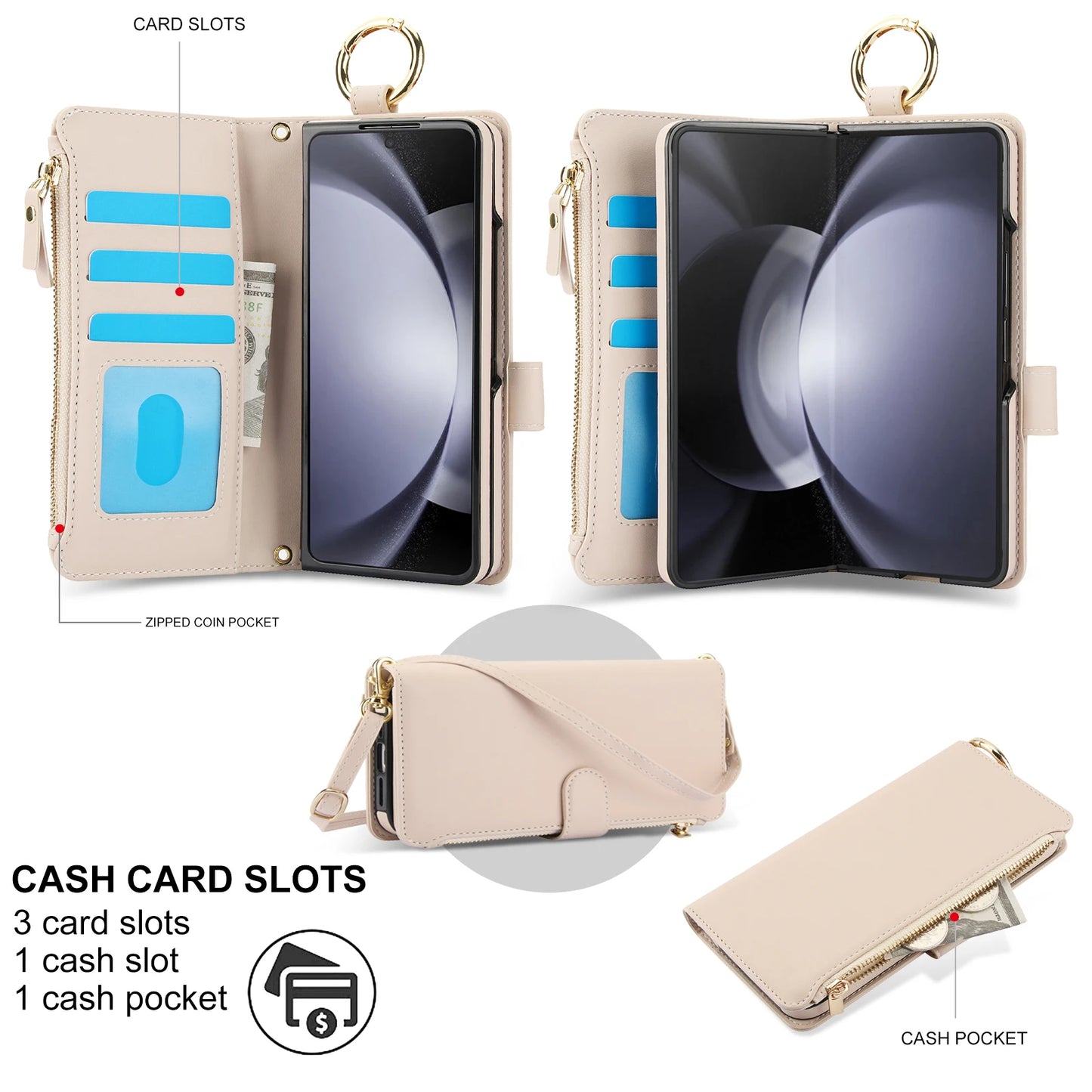 Crossbody Leather Wallet Case with Card Slots, Zipper & Kickstand for Samsung Galaxy Z Fold 3/4/5/6 – Wristband & Ring Holder