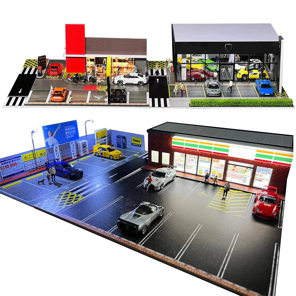 GFans 1:64 Scale Diorama Car Garage Model – LED Lighted Parking Lot DIY City Set for Collection & Display Gifts