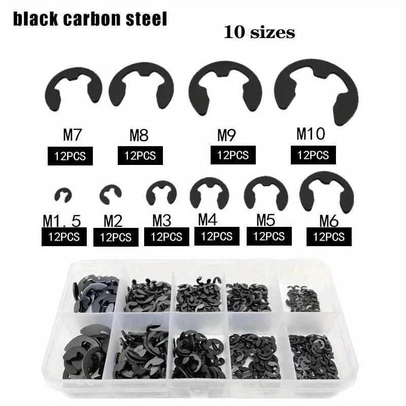 120-Piece Stainless Steel Retaining Circlip Set - Black Snap Ring E-Clip Assortment M1.5-M10 for Shaft Fasteners