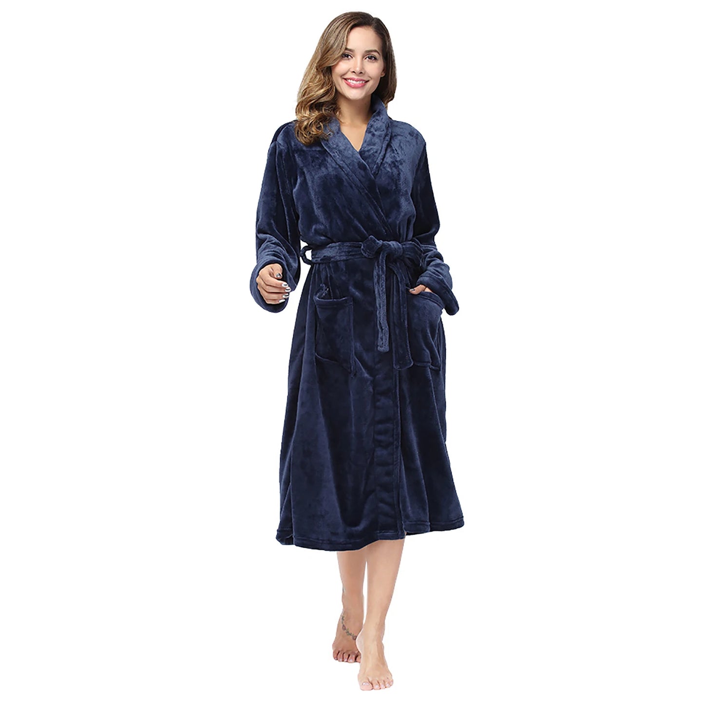 RONGTAI Women's Solid Color Lapel Bathrobe - Warm, Comfortable Long-Sleeved Robe for Autumn and Winter Homewear