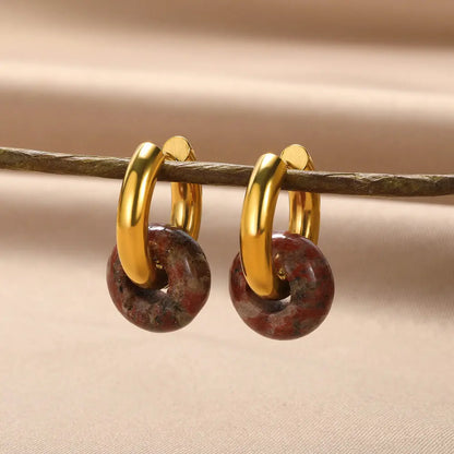 Leopard Bead Opal Stainless Steel Hoop Earrings — Gold Color, Anti-Fading Wedding & Prom Jewelry for Women, Gift Accessory