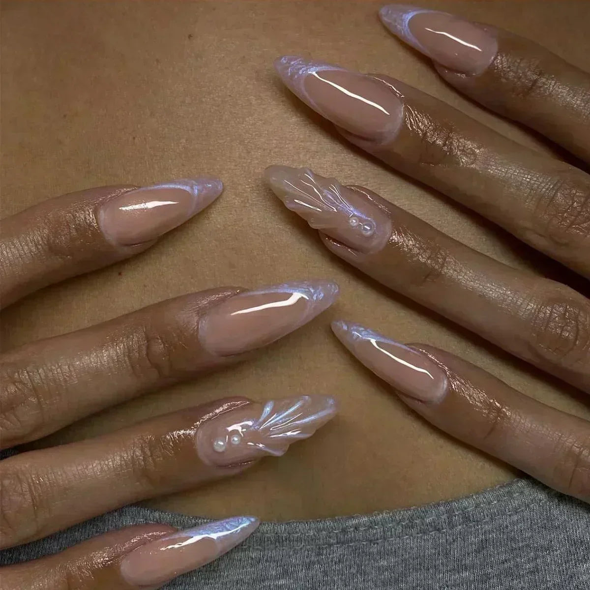 24Pcs French Press On Nails - Almond Fake Nail Tips with Glue, White Edge Design & Pink Stiletto Style Manicure Set