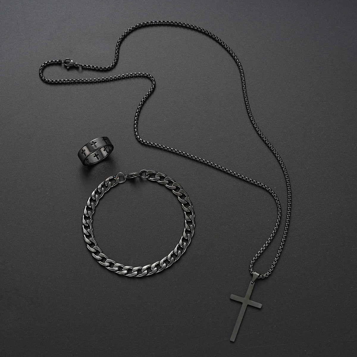 3-Piece Stainless Steel Jewelry Set – Men’s & Women’s Retro Bracelet, Necklace, Ring for Punk Hip Hop Fashion