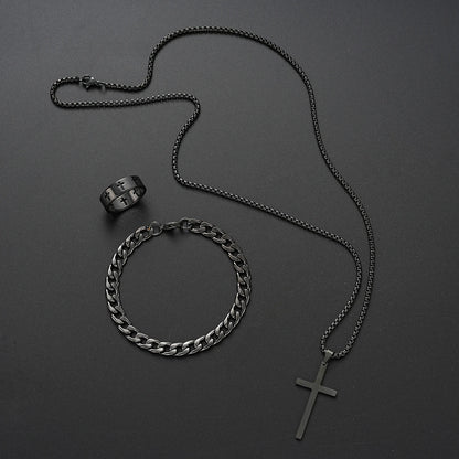 3-Piece Stainless Steel Jewelry Set – Men’s & Women’s Retro Bracelet, Necklace, Ring for Punk Hip Hop Fashion