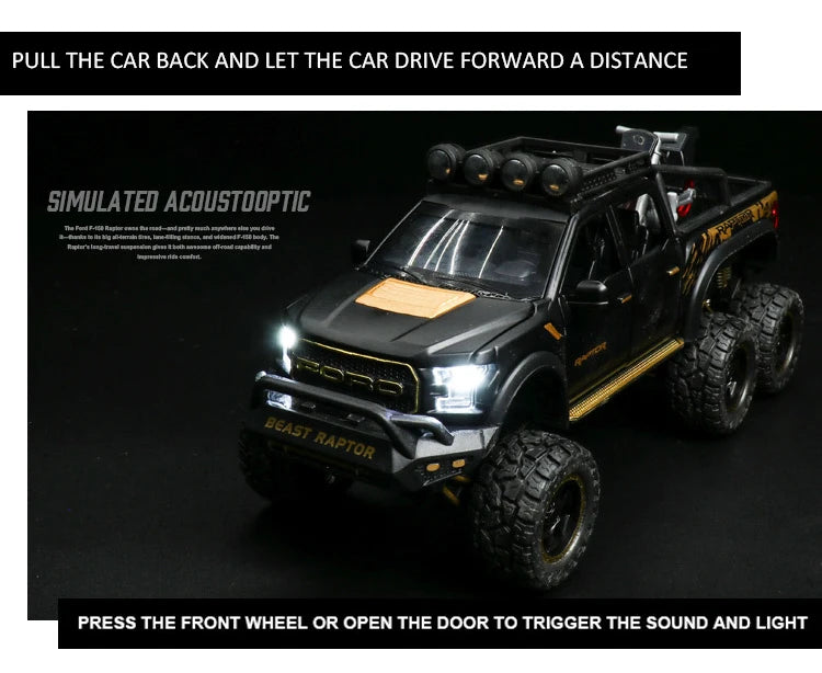 1:24 Diecast F150 Raptor Pickup Truck — Metal Model Car with Sound & Light for Kids Age 3+, Blue