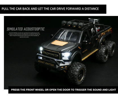 1:24 Diecast F150 Raptor Pickup Truck — Metal Model Car with Sound & Light for Kids Age 3+, Blue