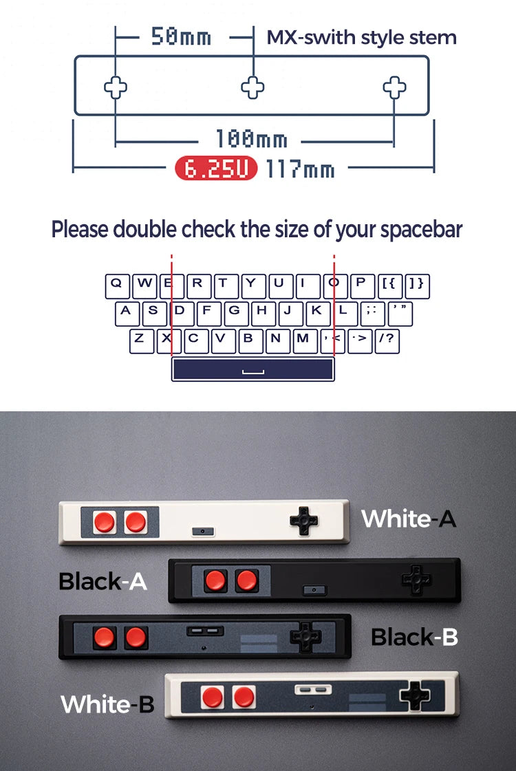 Retro Gamepad Keycap 6.25u Spacebar – Artisan ABS Keycap for MX Switches, Black & White for Mechanical Gaming Keyboards