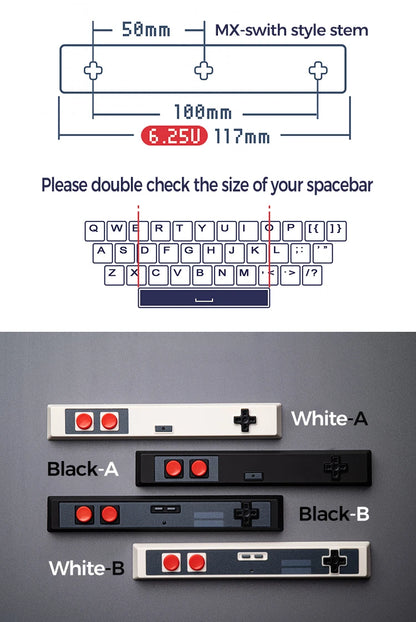 Retro Gamepad Keycap 6.25u Spacebar – Artisan ABS Keycap for MX Switches, Black & White for Mechanical Gaming Keyboards