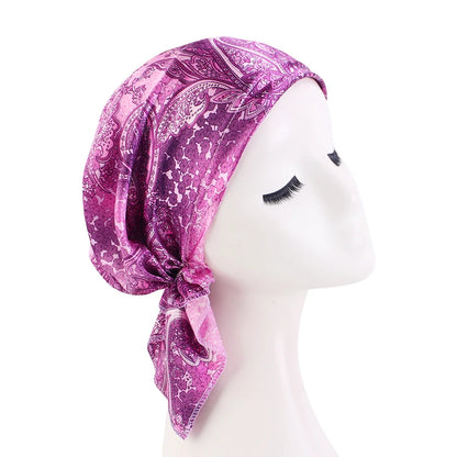 Women’s Satin Pre-Tied Turban – Paisley Pattern Muslim Headband & Chemo Hair Scarf Head Wrap Bandana