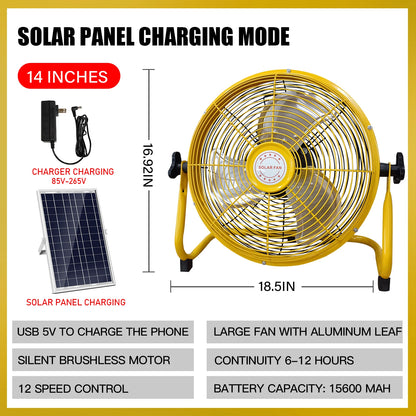 214-Inch Portable Rechargeable Table Fan – Solar & AC Powered Dual Input for Home, Camping & Fishing