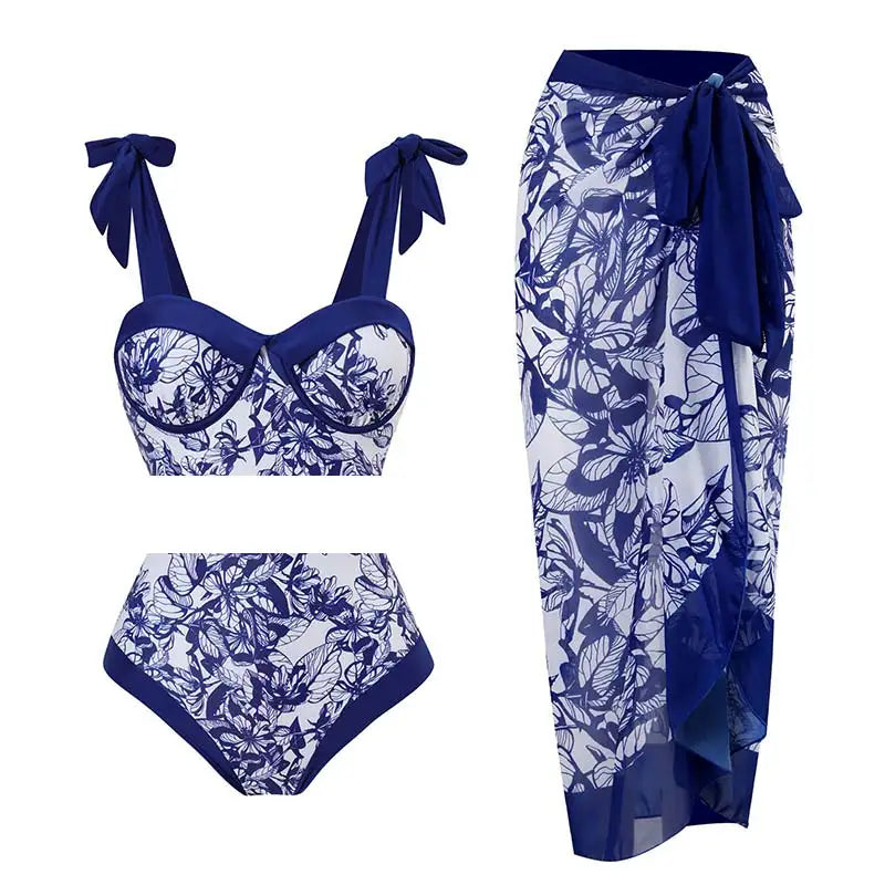 Blue One-Shoulder Ruffle Floral Monokini Swimsuit with Cover Up Sexy One Piece Beach Swimwear for Women Summer