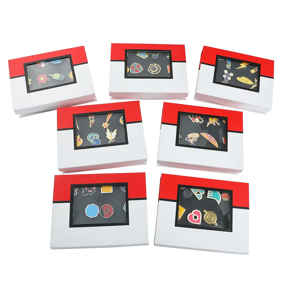 Anime League Gym Badge Set – Metal Brooches from Sinnoh, Johto, Hoenn & Indigo with Pikachu & Squirtle Figure Toys