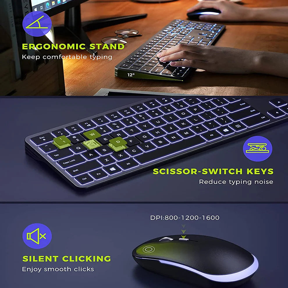 Wireless Backlit Keyboard and Mouse Combo – 2.4G USB Rechargeable Silent Full-Size Slim Set