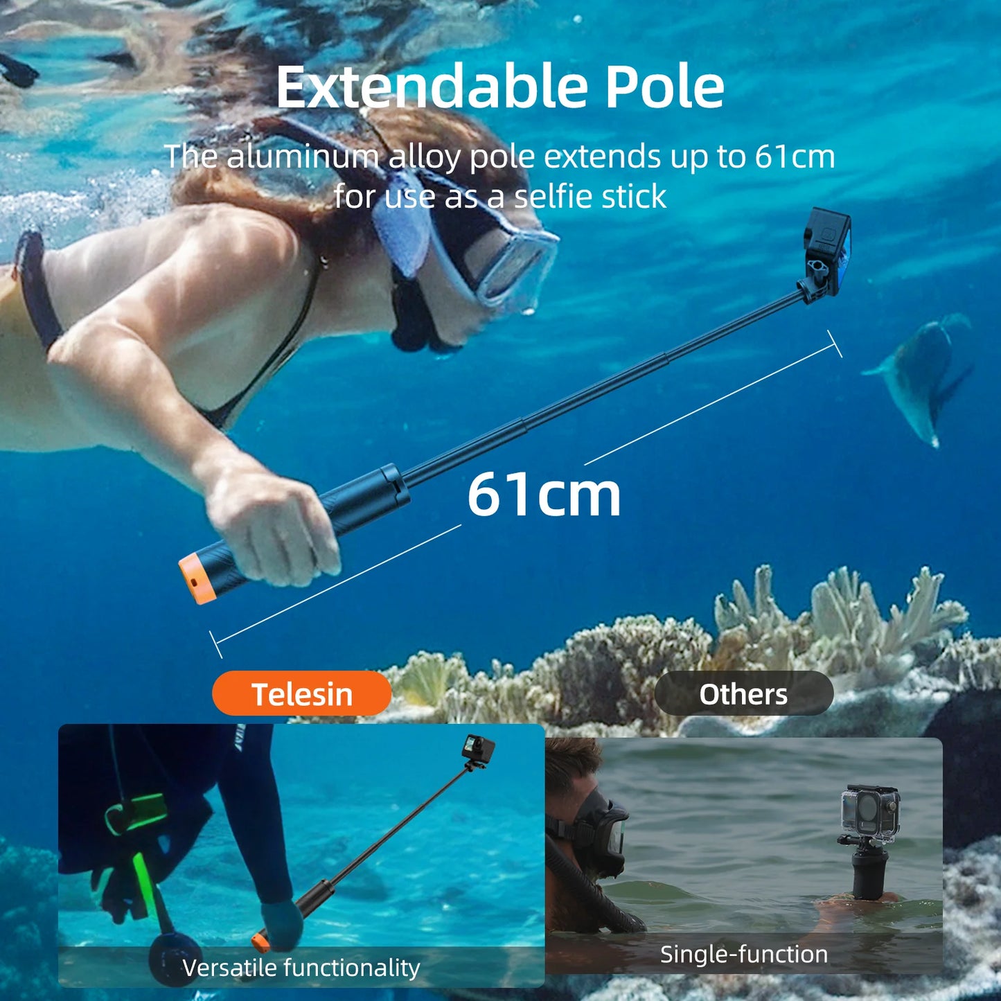 TELESIN Floating Underwater Selfie Stick Tripod – Extendable Buoyancy Pole for GoPro, Insta360, DJI Osmo Action Cameras