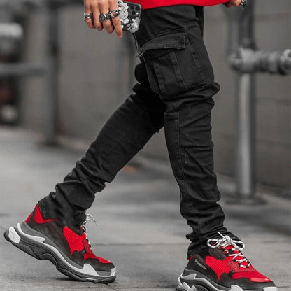 Men's Elastic Denim Cargo Pants - Casual Mid-Waist Jeans with Multi Pockets, Slim Fit Daily Wear Joggers in Solid Color