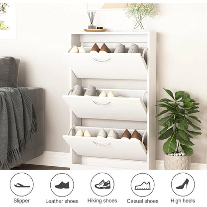 3-Drawer Wooden Shoe Cabinet — Narrow Freestanding Organizer for Entryway & Bedroom, White