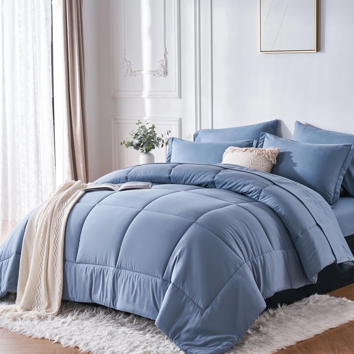 7-Piece Queen Bed-in-a-Bag Comforter Set — Solid Geometry Comforter, Sheets & Pillowcases, Stylish Bedroom Gift