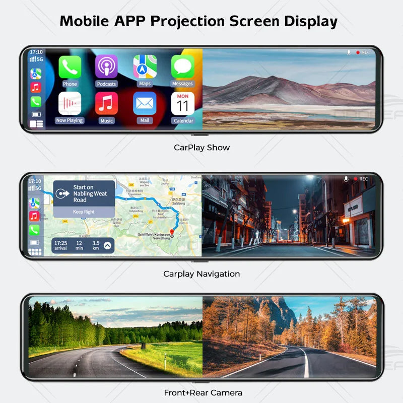 OBDPEAK K4 11.26" Rearview Mirror Dash Cam - 4K 3840x2160P, CarPlay, Android Auto, WIFI, GPS Navigation, Video Recorder