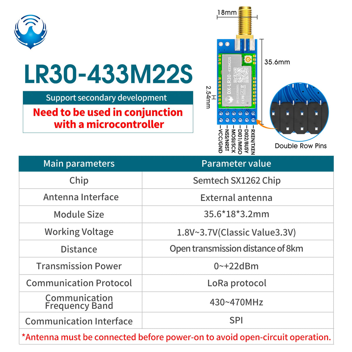 SX1262 LoRa Wireless Module - DX-LR30 22dBm Long-Range RF Module 433/475/868/915MHz