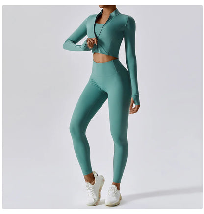 3PCS Women’s Yoga & Workout Set – Long Sleeve Zipper Top with High Waist Leggings Fitness Sportswear